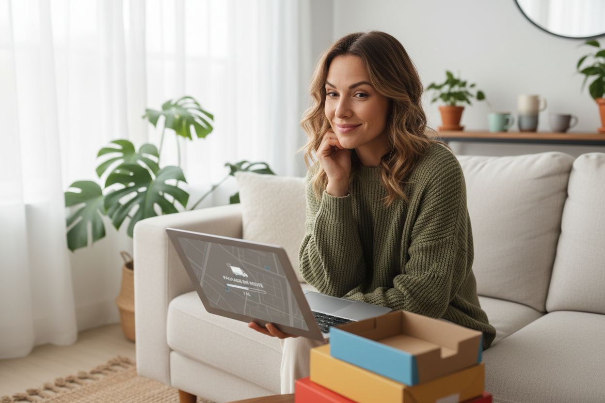 dame una imagen de una persona como preguntándose donde esta mi pedido hecho en una pagina web? preferentemente una mujer, con una sonrisa complice